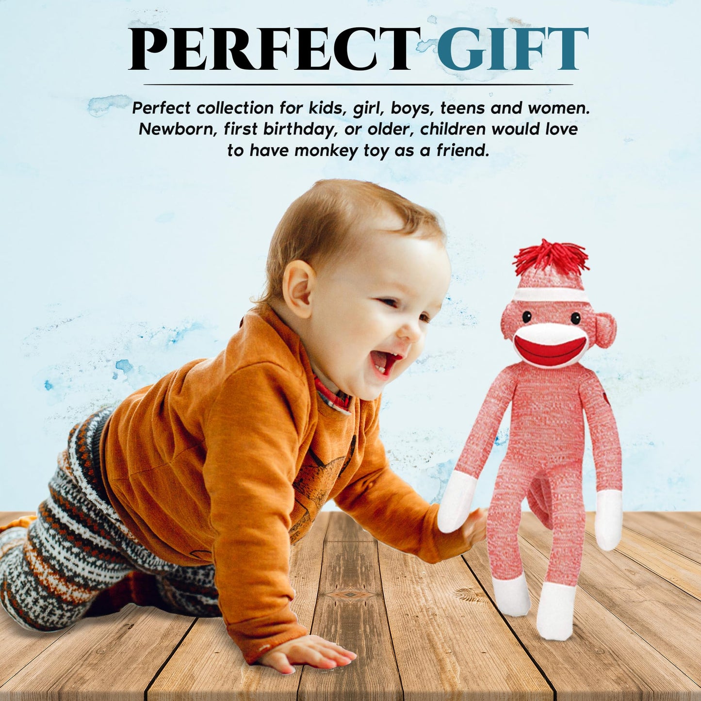 Made By Aliens Adorable Sock Monkey, The Original Traditional Hand Knitted Stuffed Animal Toy Gift-For Kids, Babies, Teens, Girls And Boys Baby Doll Present Puppet (20' Orange)