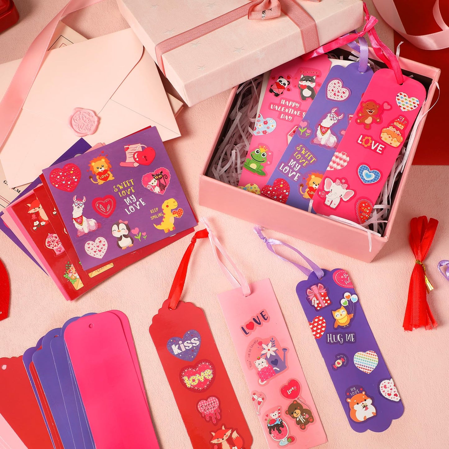 JUNEBRUSHS 30 Pack Valentines Crafts for Kids, Valentines Day Bookmarks Craft Kits with Assorted Hearts Animal Stickers for Kid