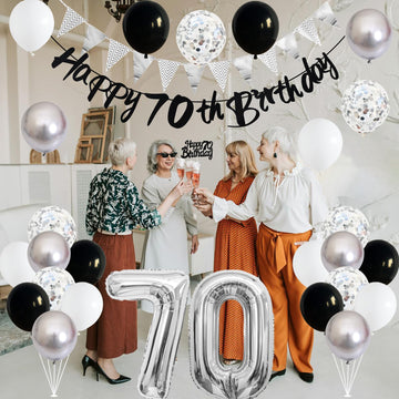 70Th Birthday Decorations For Men Women, Black Silver White Birthday Balloons, Black Happy 70Th Birthday Banner Birthday Cake To