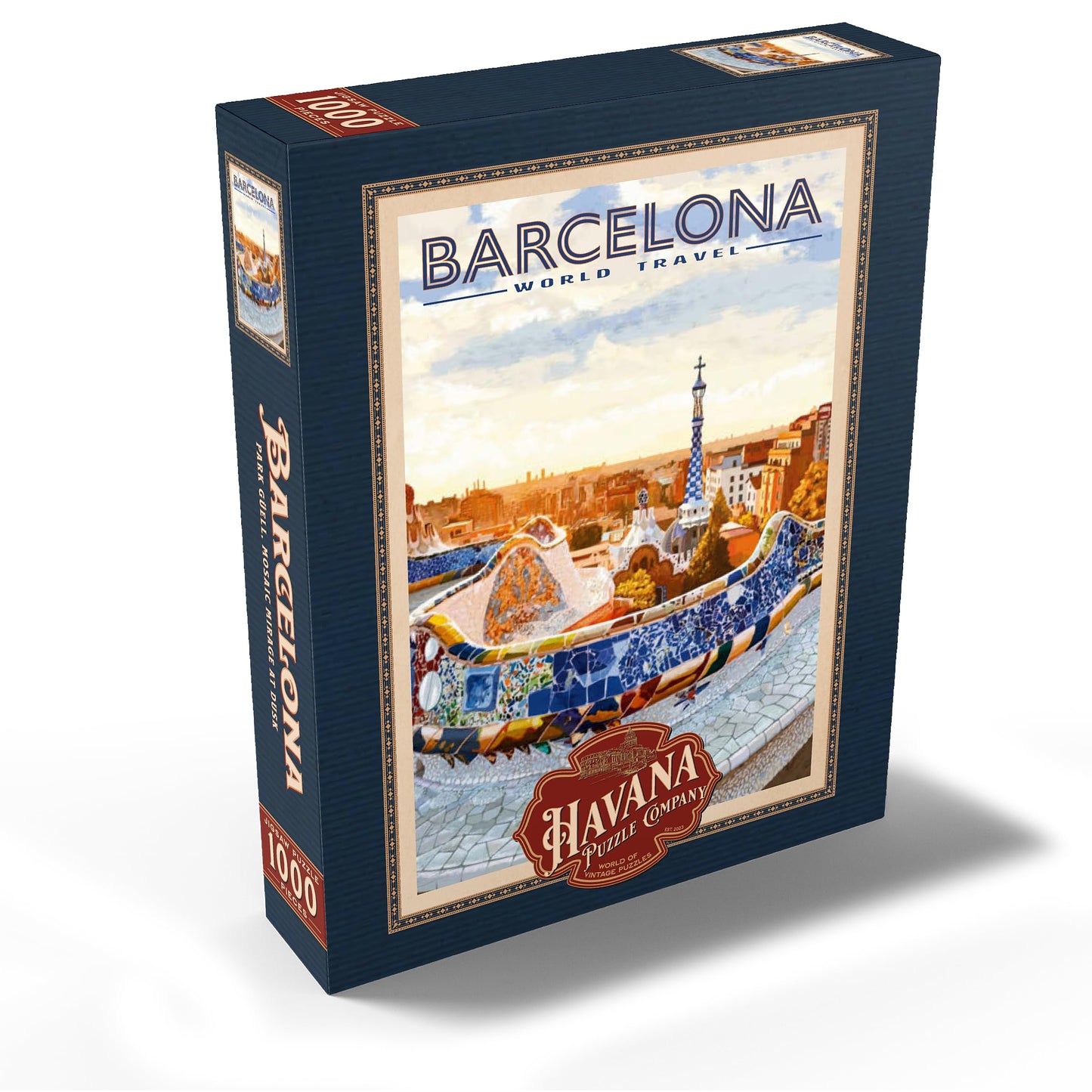 Mypuzzle Barcelona, Spain - Park Gell, Mosaic Mirage At Dusk, Vintage Travel Poster - Premium 1000 Piece Jigsaw Puzzle For Adult
