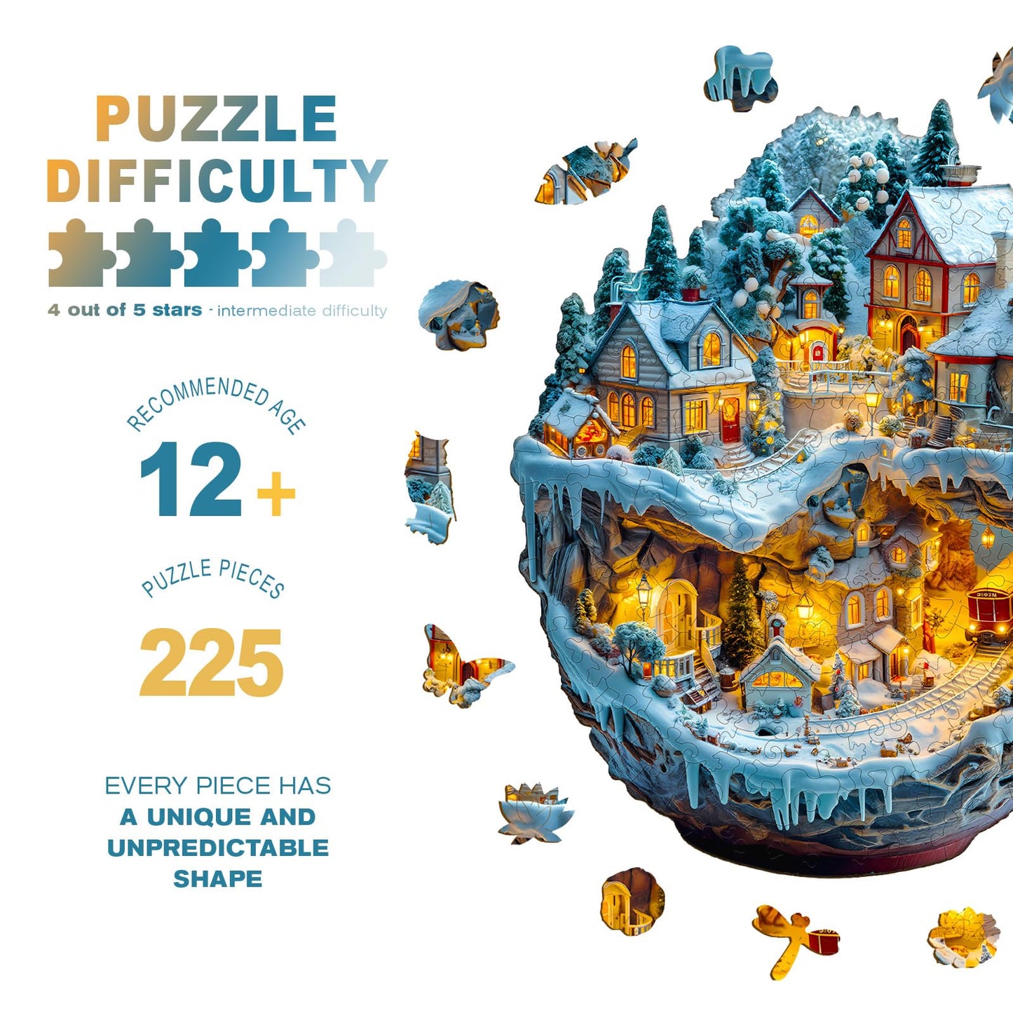 Wooden Puzzles for mature-themeds - Train and Village Wooden Jigsaw Puzzle - Unique Animal Shaped Wood Puzzles mature-themed - Christmas Birthday Gifts for mature-themeds/Friends/Family - 225pcs 13.4 * 12.4in