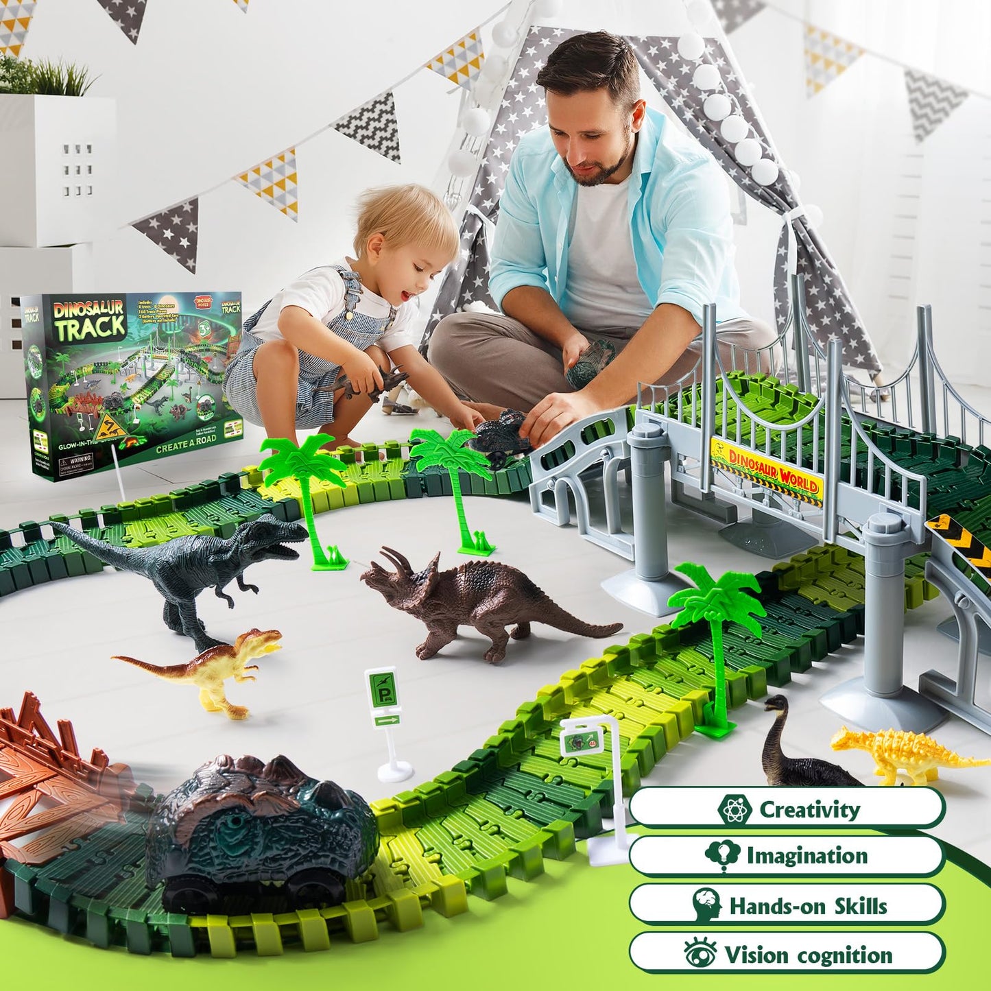 Coroiesty 268 PCS Dinosaur Race Track Set - Glow in The Dark, Flexible DIY Track for Kids 3-9, Green, Includes 2 Dinosaur Cars