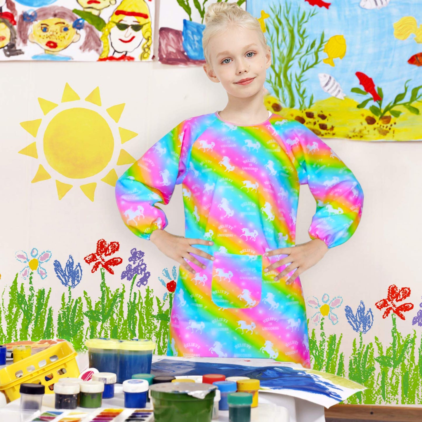 Fiodrimy Kids Art Smock, Unicorn Painting Smocks With Pocket, Waterproof Artist Long Sleeve Artist Apron For Child Girls Boys 3-7 Years, Medium