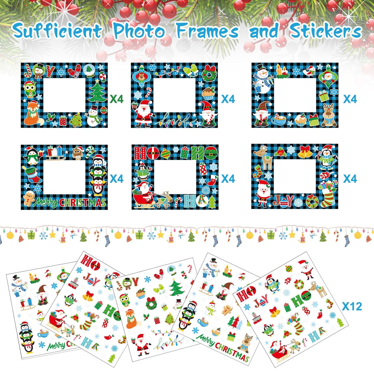 24 Packs Christmas Photo Frame Xmas Craft DIY Picture Frame Ornaments with Stickers Christmas Photo Frame Cards Game DIY Xmas Gi