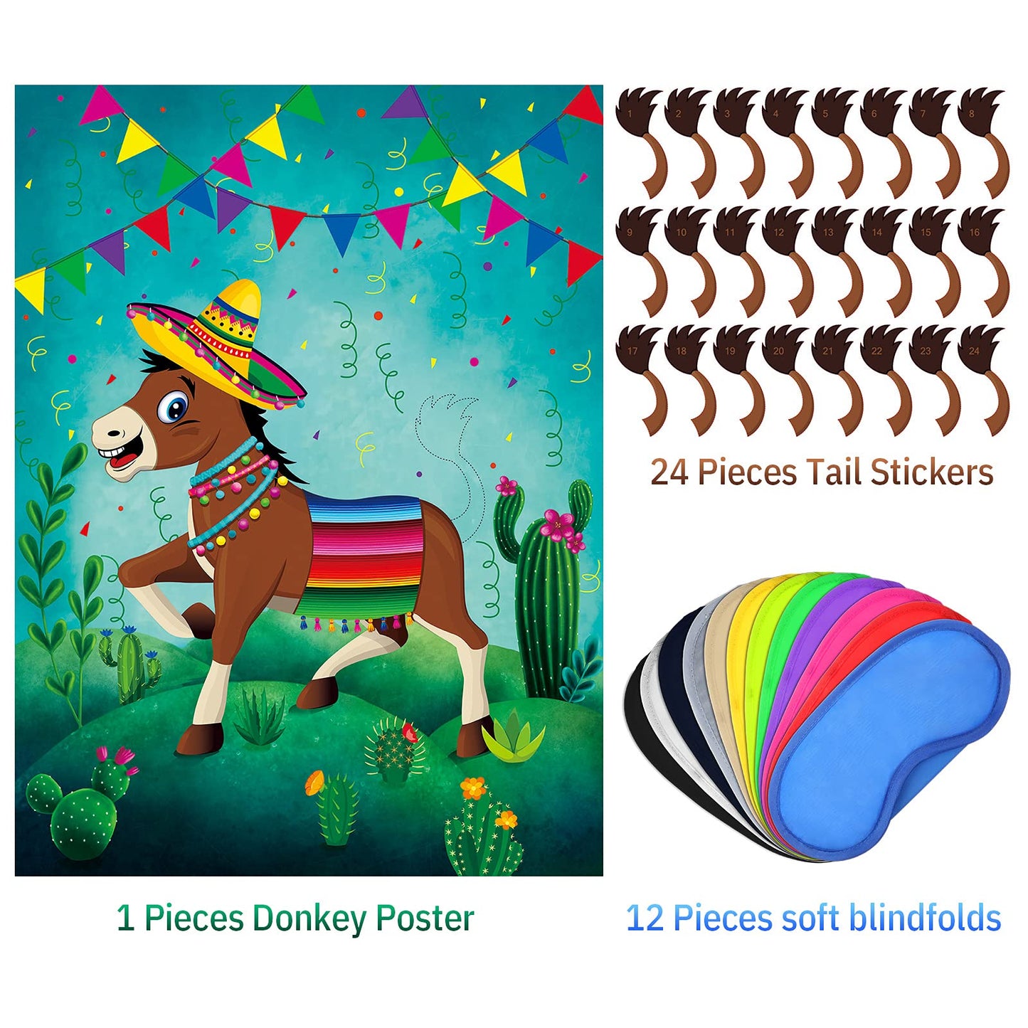 Pin The Tail On The Donkey Party Game, Mexican Donkey Game Poster Come Extra With Donkey Tail And Eye Masks For Donkey Party Favors, Kids Birthday Party, Fiesta Party
