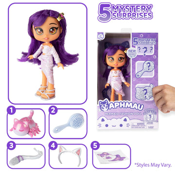 Aphmau Mermaid Fashion Doll with Accessories, 5 Surprise Toys & Glitter MeeMeows Figure – Exclusive Official Merch, Multicolor