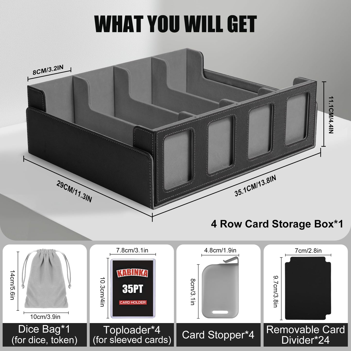 Kabinka Trading Card Storage Box with Commander Display  4-Row Deck Case with Removable Lid; 2400+ Card Deck Box for MTG TCG Sports Card  4 Toploaders  4 Stoppers  24 Dividers 1 Dice Bag (Black)