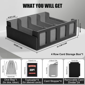 Kabinka Trading Card Storage Box with Commander Display  4-Row Deck Case with Removable Lid; 2400+ Card Deck Box for MTG TCG Sports Card  4 Toploaders  4 Stoppers  24 Dividers 1 Dice Bag (Black)
