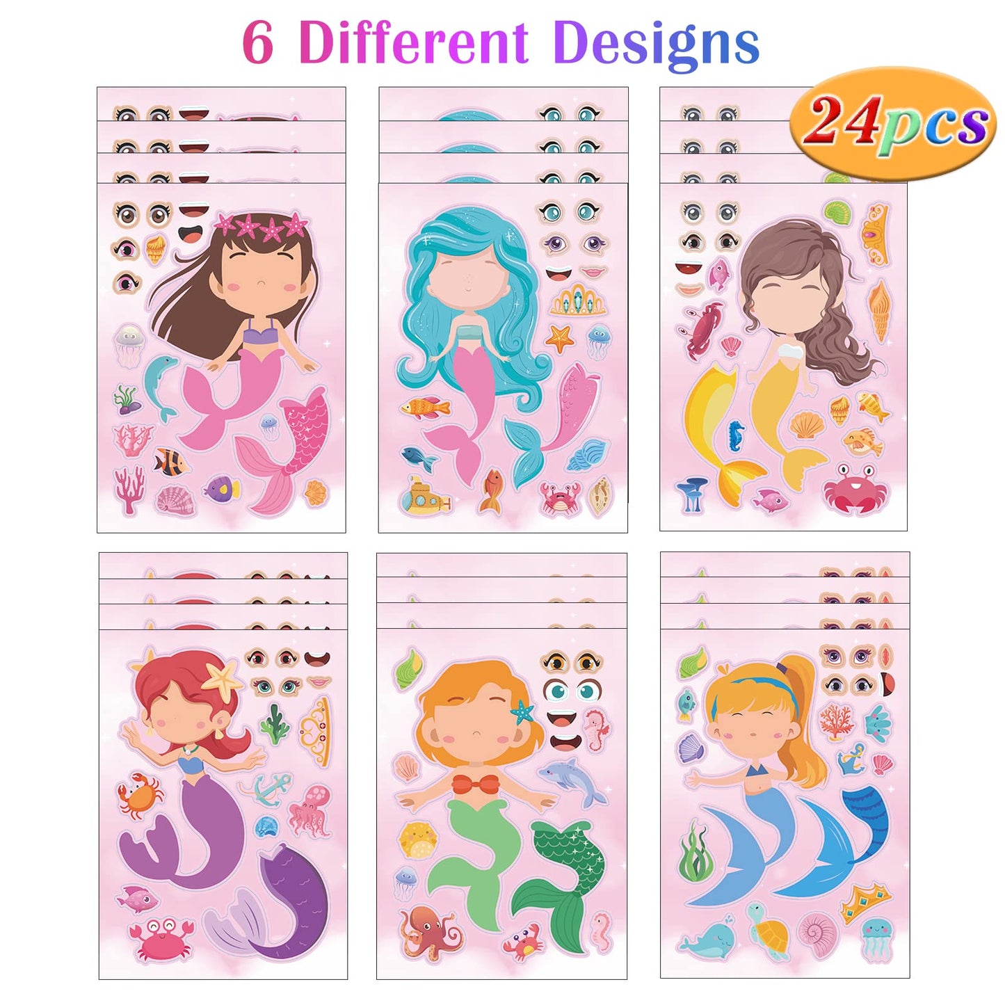 24 Sheets Mermaid Make A Face Sticker Sheets For Kids Todders Activities, Make Your Own Stickers For Kids Birthday Party Favor S