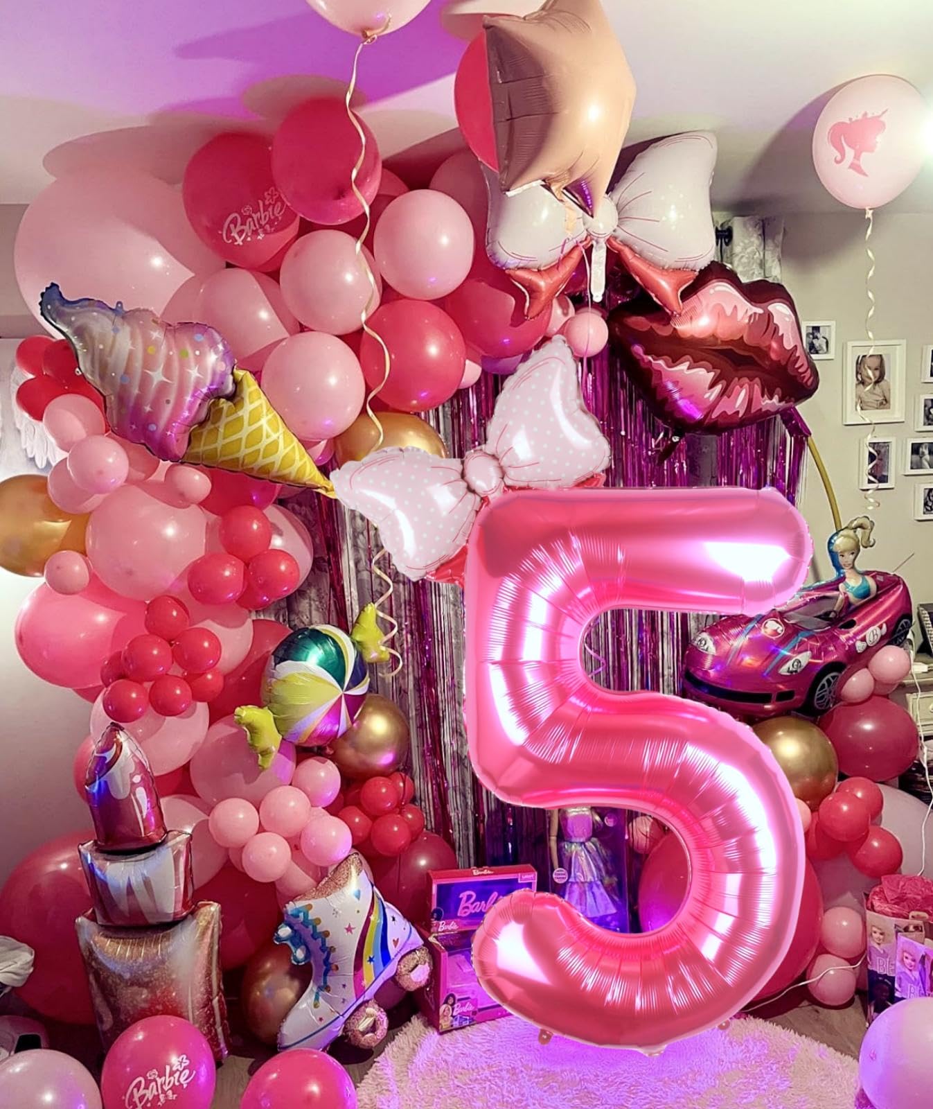 Kwuz 40 Inch Pink Number 5 Balloon with Mini Bow Balloon for Girls 5th Birthday Decorations, Pink Girl Princess Western Cowgirl
