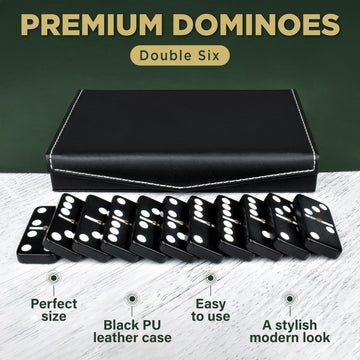 Dominos Set For Adults And Kids - Dominoes - Domino Classic Board Games, Christmas Games – Double Six Standard Dominos Set 28 Tiles With Black Leather Case - Juegos De Mesa (Black Leather Case)