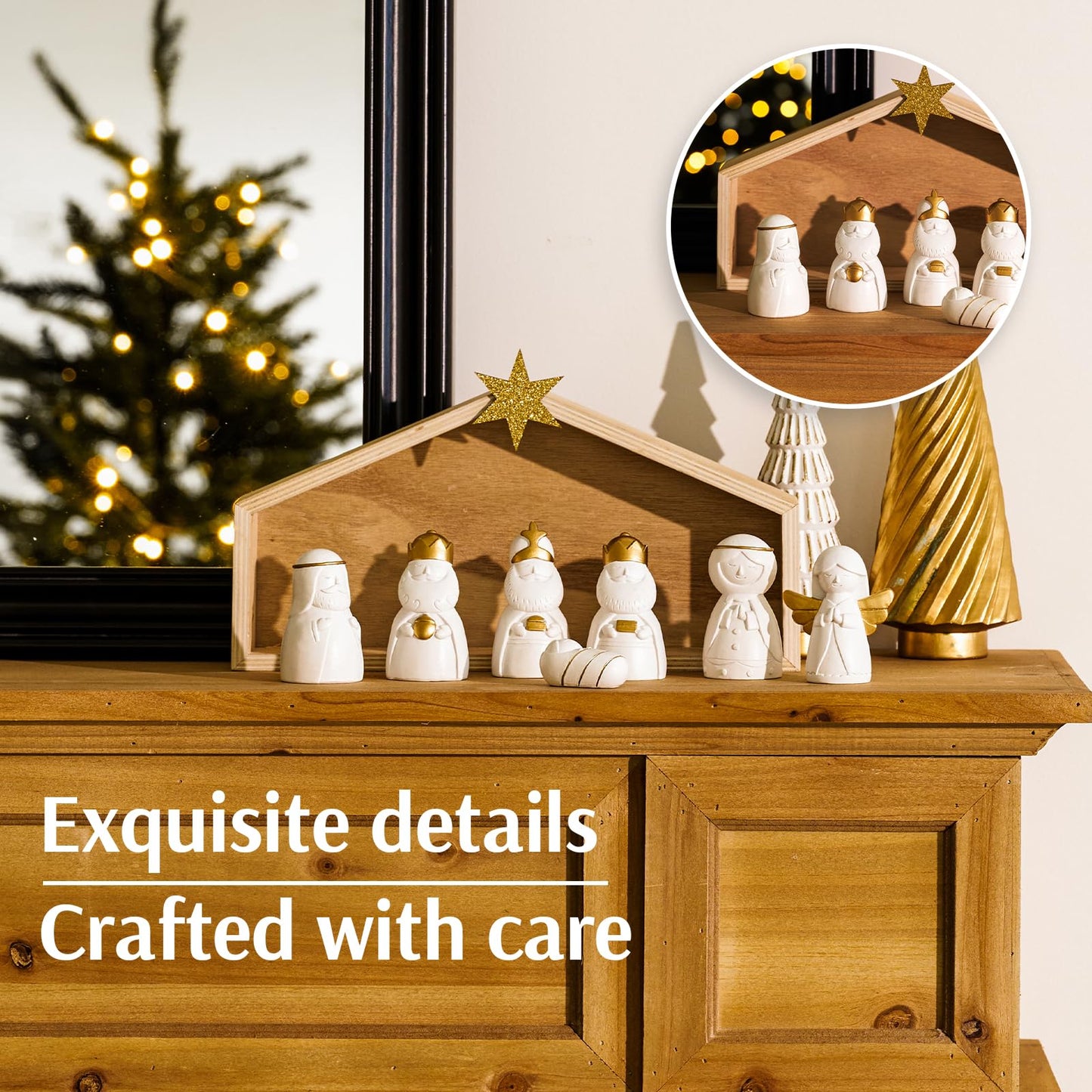 Wds Wondrous Christmas Nativity Set-8Pcs White And Gold Mini Nativity Figures Modern Holy Family Scene, Resin And Wood Religious