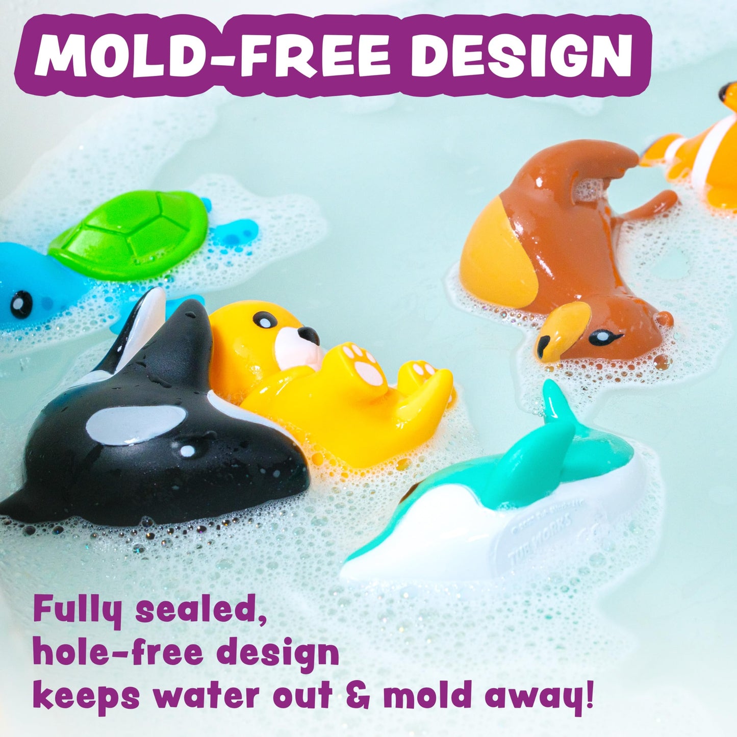 Tub Works® Marine™ Mold Free Bath Toys, 6 Pack | Sealed, No Hole Bath Toys Design Keeps Moisture Out | Soft, Squeezable & Float On Water | Easy-Grip Baby & Toddler Bath Toys | Great Baby Pool Toys
