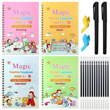 Tuzuaol Practice Handwriting English Reusable Magical Ink Tracing Letter Writing Book For Kids Preschools - 4 Pieces