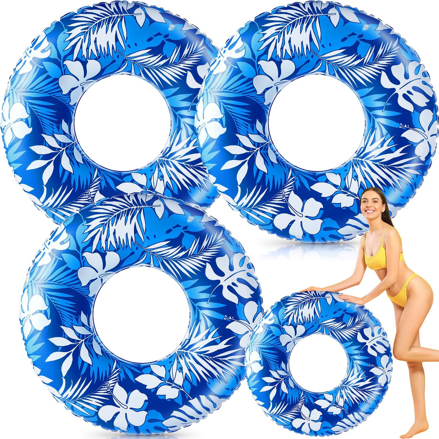 Motionchic Jumbo Float Tube 47.24 Inches Inflatable Pool Floats Large Pool Tube Tropical Leaves Inflatable Tube Blue White Pool 