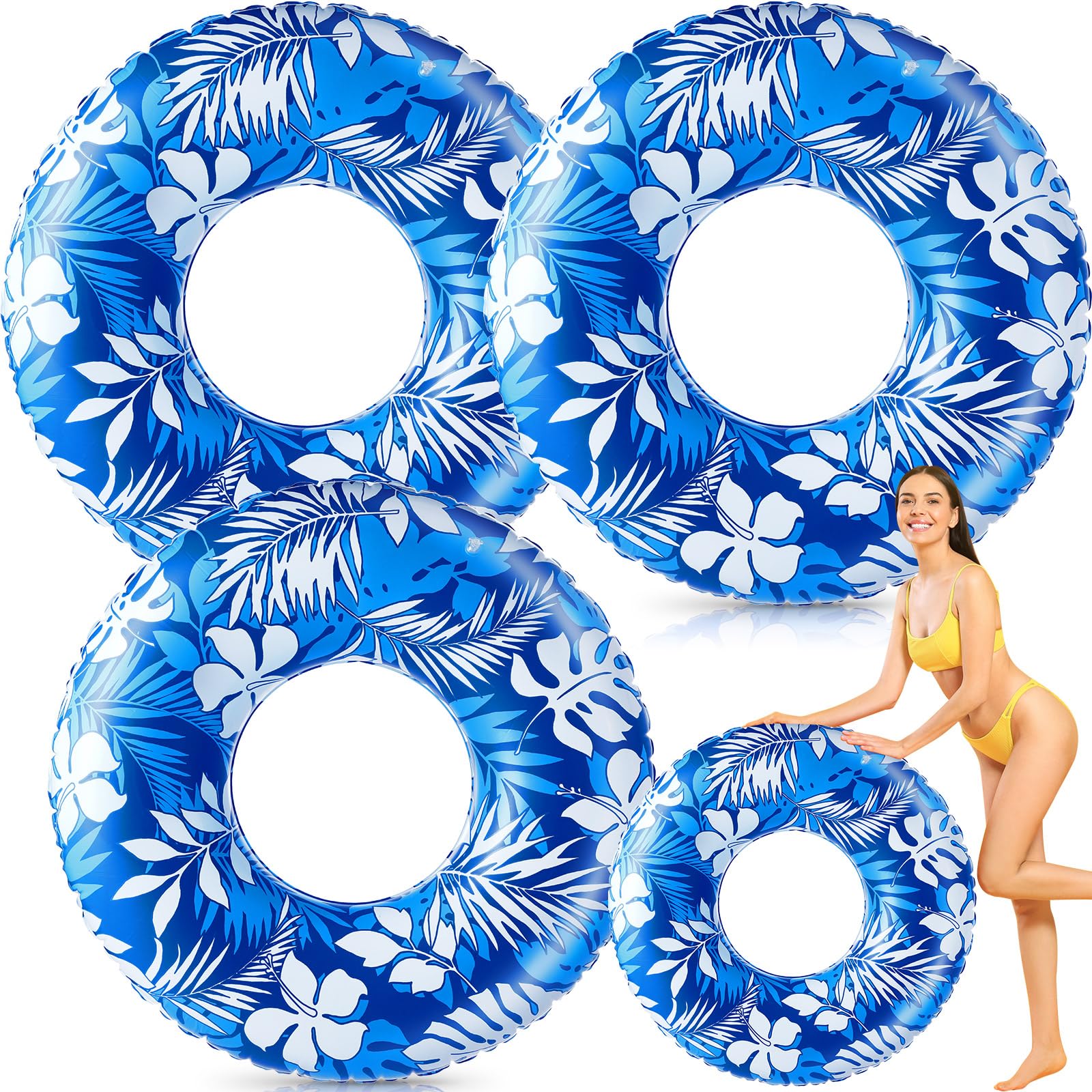 Motionchic Jumbo Float Tube 47.24 Inches Inflatable Pool Floats Large Pool Tube Tropical Leaves Inflatable Tube Blue White Pool 