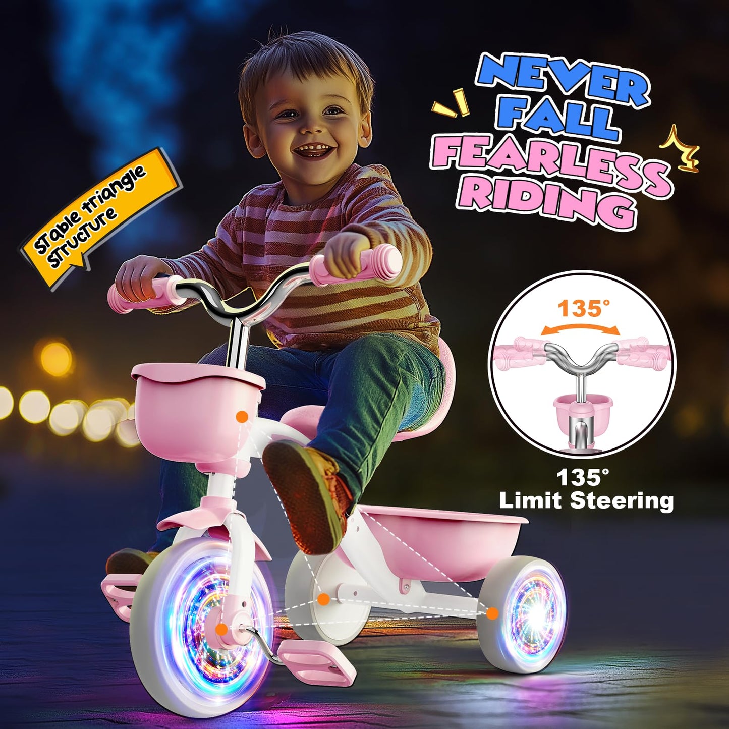 Kkdi Toddler Tricycle, Pink, 4-Level Adjustable Seat, Carbon Steel, Model WJ121503, for Ages 1-5, Ideal Birthday Gift