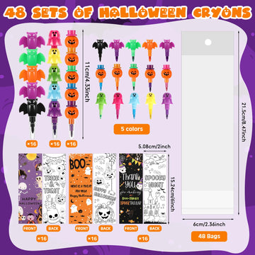 MotiMind 48 Set Halloween Crayons Party Favors Bat Pumpkin Ghost Stackable Crayons with Drawable Cards Kids Halloween Party Gift