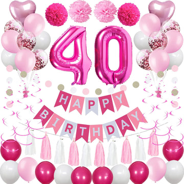 Sweet 40Th Birthday Decorations For Women, Pink And White 40 Happy Birthday Balloons, 40Th Birthday Party Supplies Including Pin