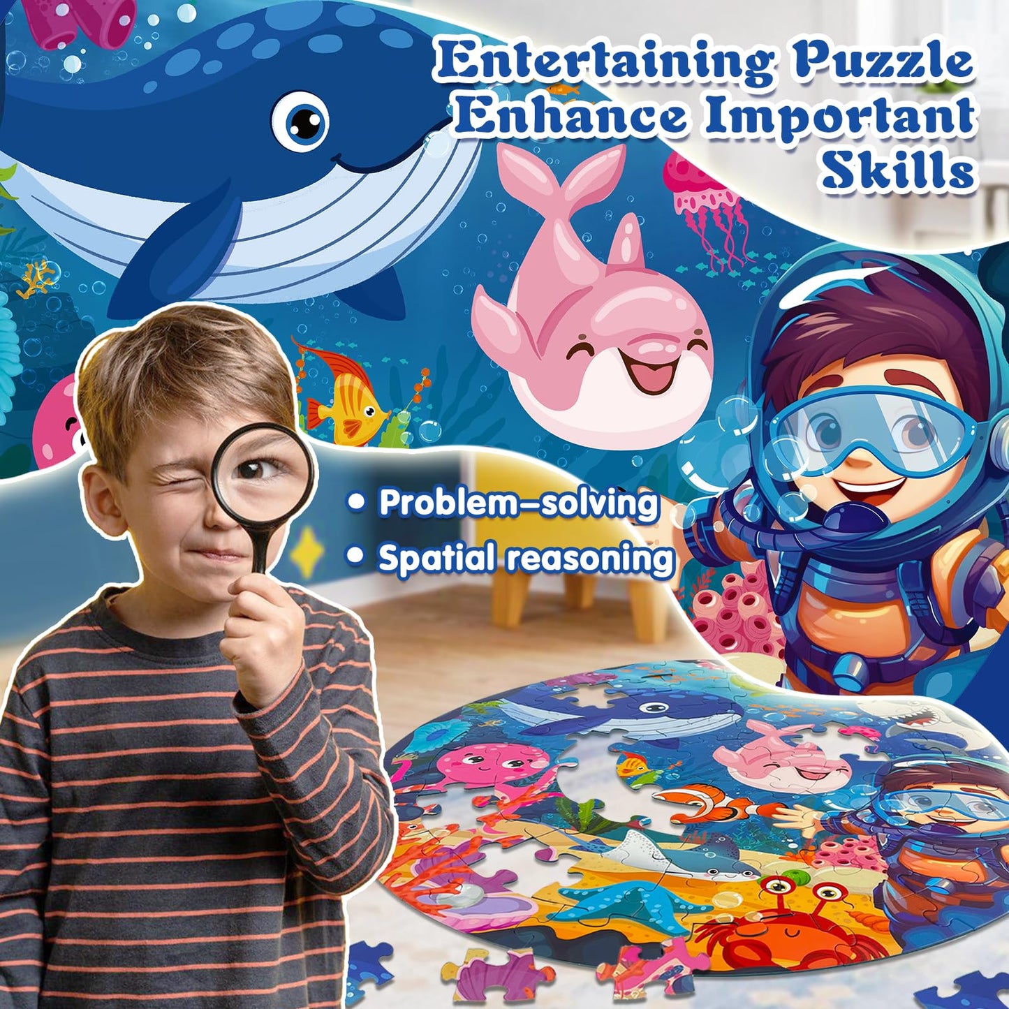 Talgic Puzzles For Kids Ages 4-6, Large 70 Piece Round Ocean Floor Puzzles For Kids Ages 3-5, Kids Puzzles 4-6 With Colorful Und