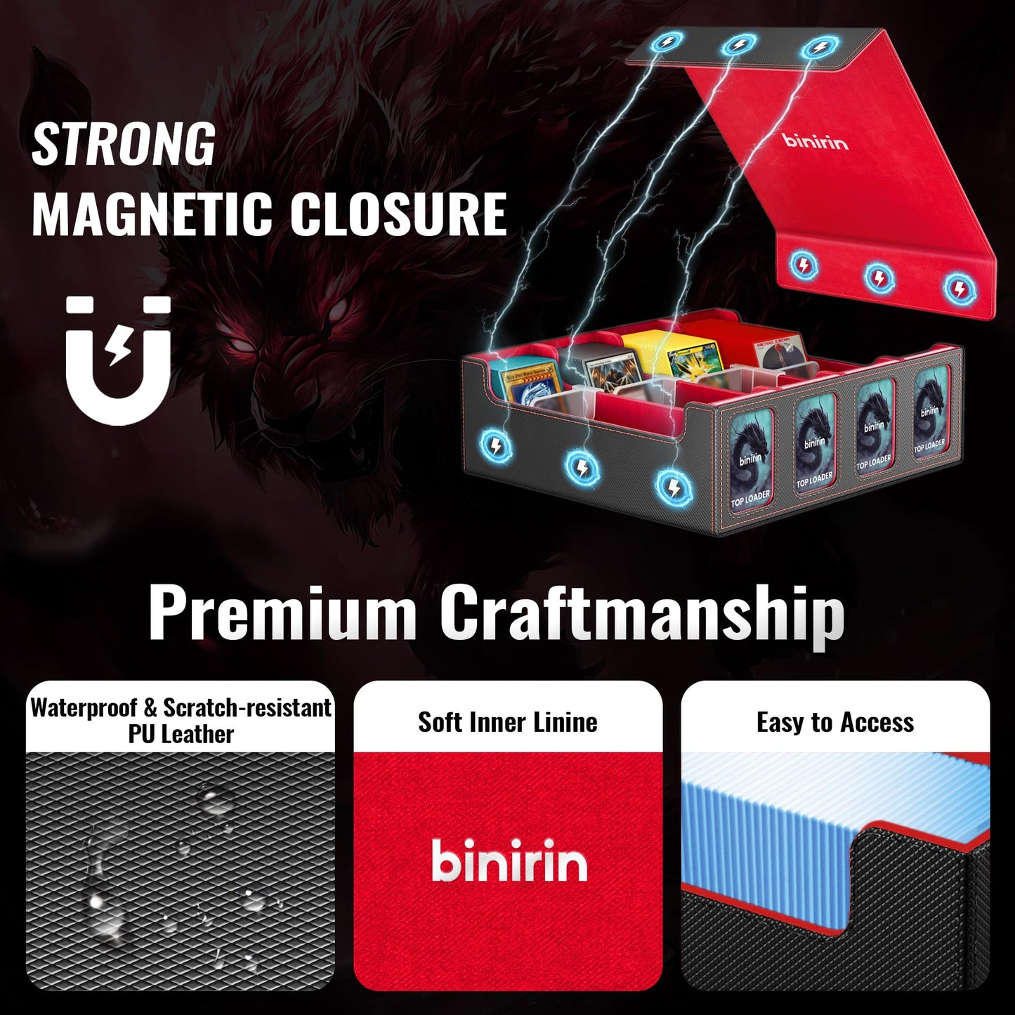 Binirin Trading Card Storage Box for Commander Display, 3000+ MTG Deck Box With 4 Toploaders & Supporters, PU Leather Case Fits