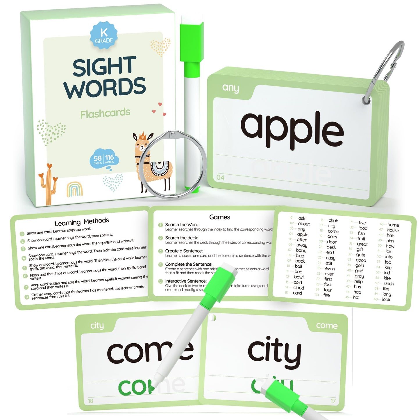 Wjpc 58 Cards, 116Pcs High Frequency Sight Words Flash Cards (Kindergarten), Phonics Learning Cards For Kids Ages 4,5,6 Years. Learn To Read, Write.