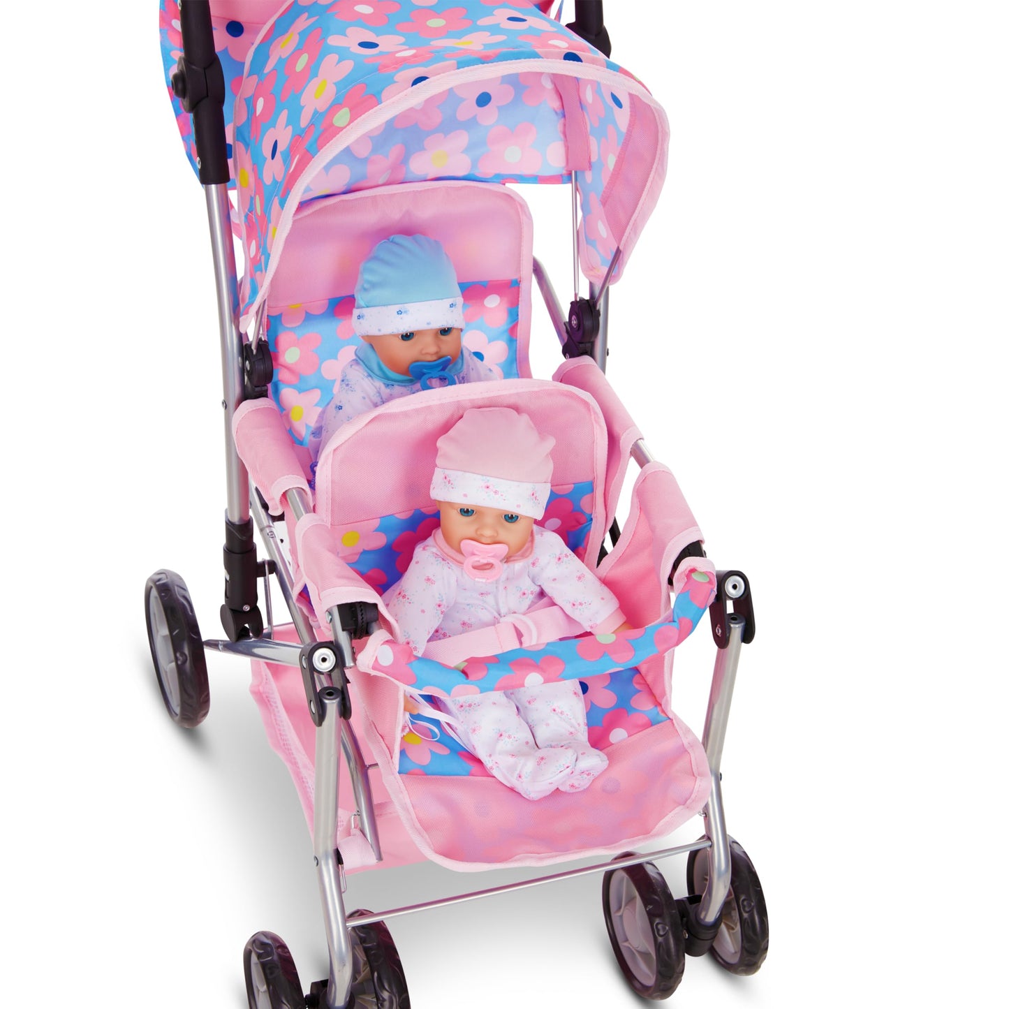 Baby Doll Double Stroller, Twin Buggy Carriage Pretend Play for Girls Kids Toddlers 27 Inches High Rotating Wheels Storage Baske