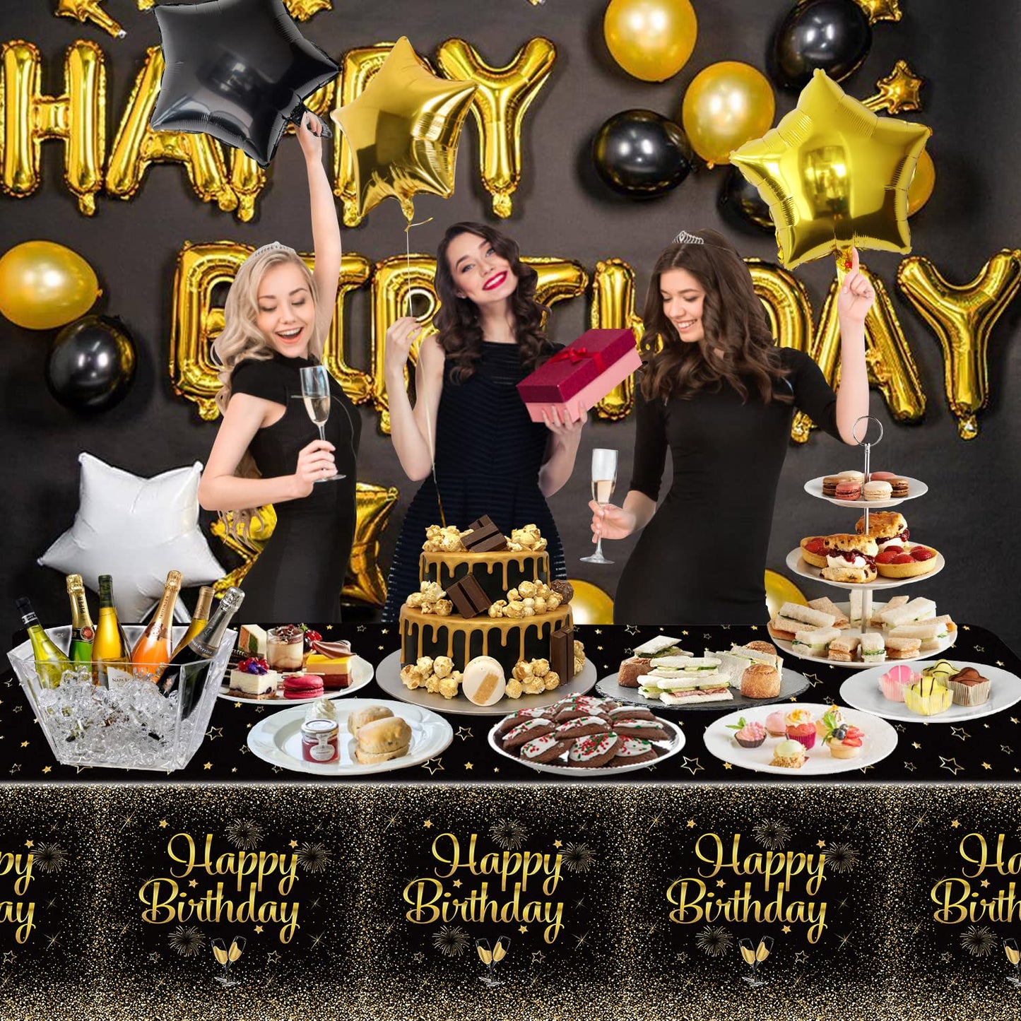 QUERICKY 2 Pack Black Gold Happy Birthday Tablecloths, 51x87 Plastic Disposable Rectangle Black Gold Table Cover for Men Women