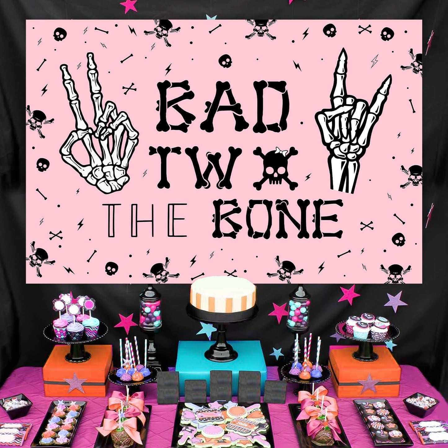 Wonmelody Skeleton Theme Birthday Backdrop Banner, 5x3ft Polyester, Pink & Black, 2nd Birthday Decorations, Model CA-F-PA-11519