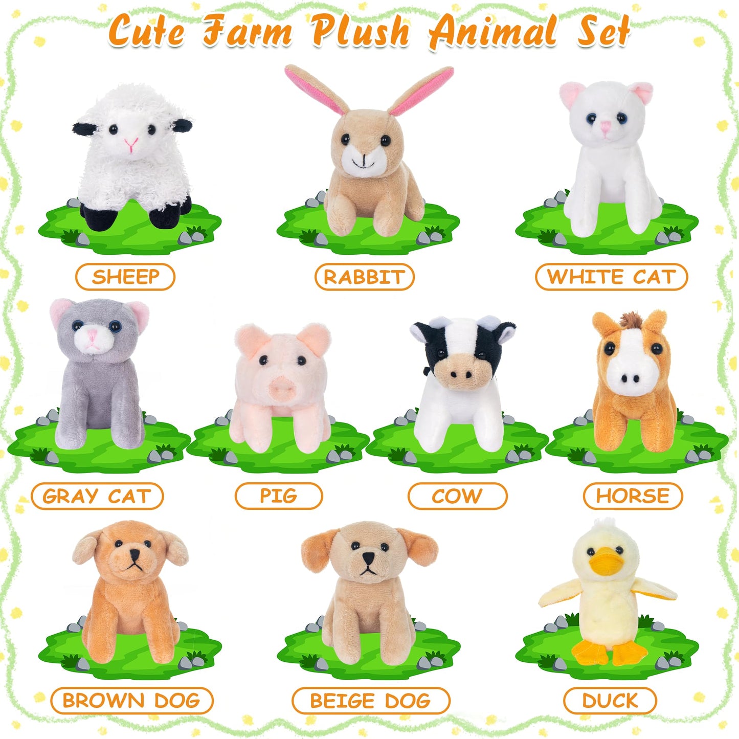 My Oli 10 Pack Plush Farm Animals Toys Stuffed Animals Bundle 3.5 Inch Cute Small Stuffed Animal Bulk Plush Toys For Kids, Plush
