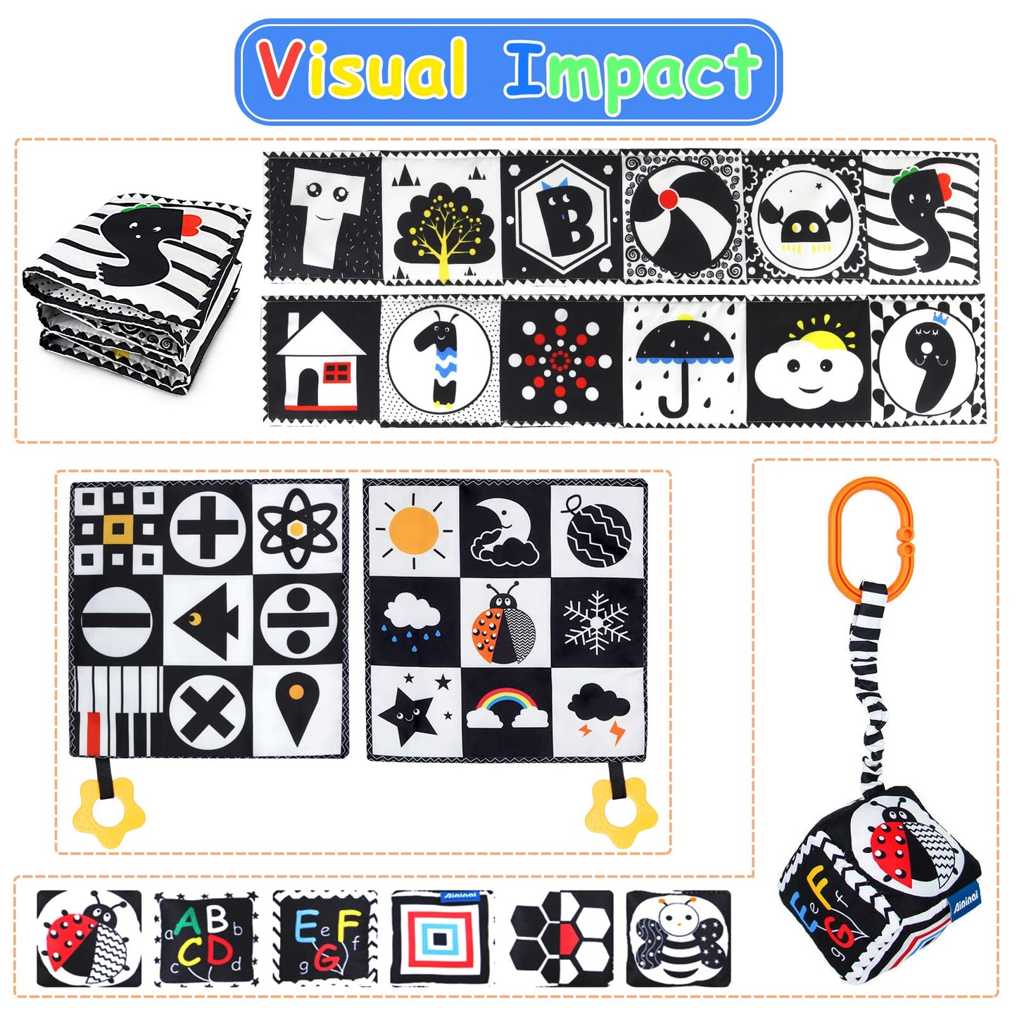 KUANGO 3 PCS Black and White High Contrast Baby Toys Newborn Toys 0-6 Months, Visual Stimulation Sensory Soft Book, Infant Tummy