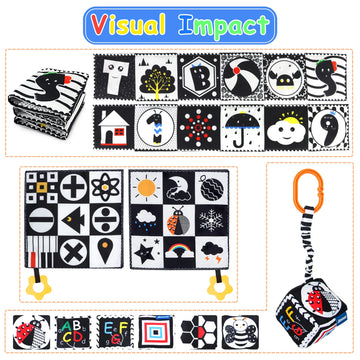 KUANGO 3 PCS Black and White High Contrast Baby Toys Newborn Toys 0-6 Months, Visual Stimulation Sensory Soft Book, Infant Tummy
