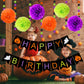 Pumpkin Ghost Pom Pom Happy Birthday & Halloween Banner - Flowers, Sign For Themed Party Decorations