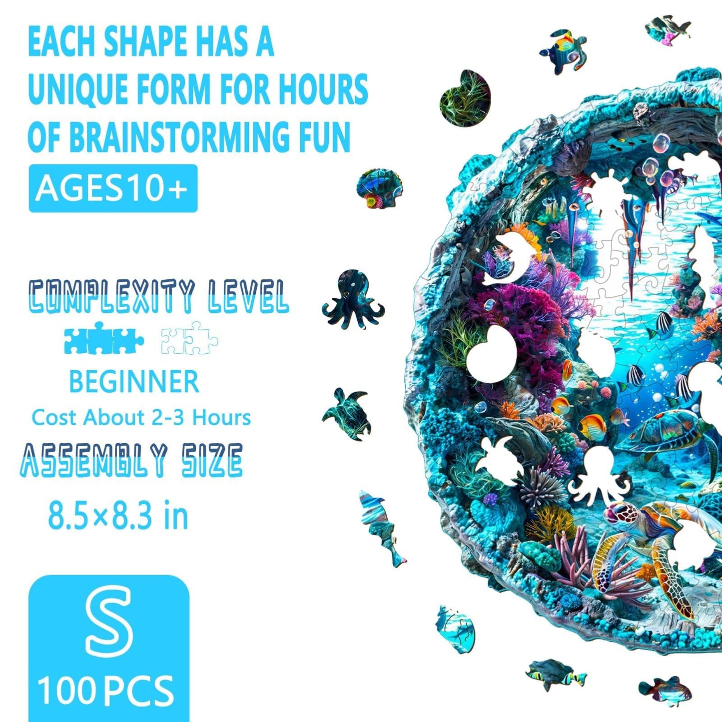 Wooden Puzzles for mature-themeds  Flat Puzzle with 3D Visual Effect  Seabed Wooden Jigsaw Puzzles for mature-themeds  Sea Turtle Wood Puzzles mature-themed  Unique Animal Shape  Wall Art Canvas Puzzle(S-8.5 * 8.3in-100pcs)