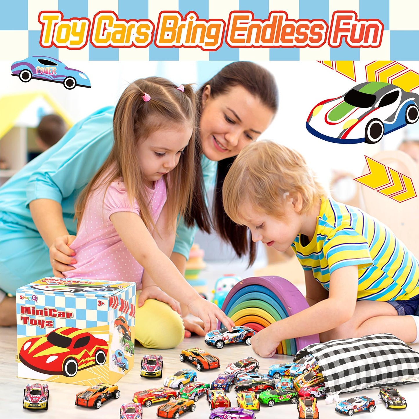 SevenQ Toy Cars for Kids, 24Pcs Race Cars Pull Back Cars Playsets with Storage Bags,Party Favors Kids Prizes Fillers Bulk Gifts