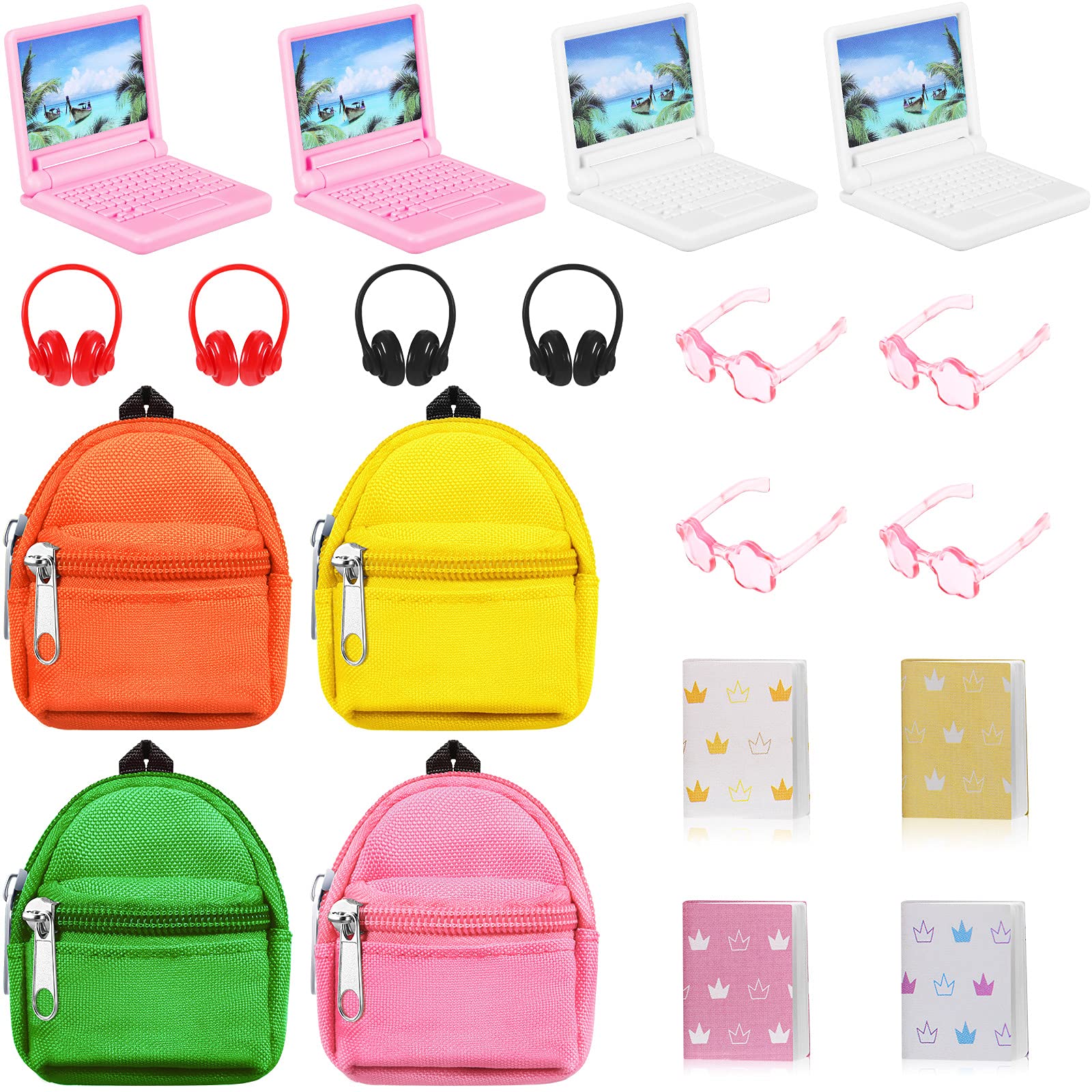20 Pieces Mini Backpack For Dolls Dollhouse Accessories Include Tiny Micro Backpack With Zipper Laptop Books Headsets Sunglasses Cute School Scene Simulation Toys For 1/12 1/6 Scale(Elegant Style)