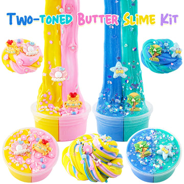 Lawoho Butter Slime Kit Includes 2X120Ml Two-Toned Butter Slime With 6 Packs Add-Ins, Slime For Kids Party Favors, Non Stick Kids Slime Kit For Girls Boys Birthday Easter Christmas Ages 8-12(Ocean)