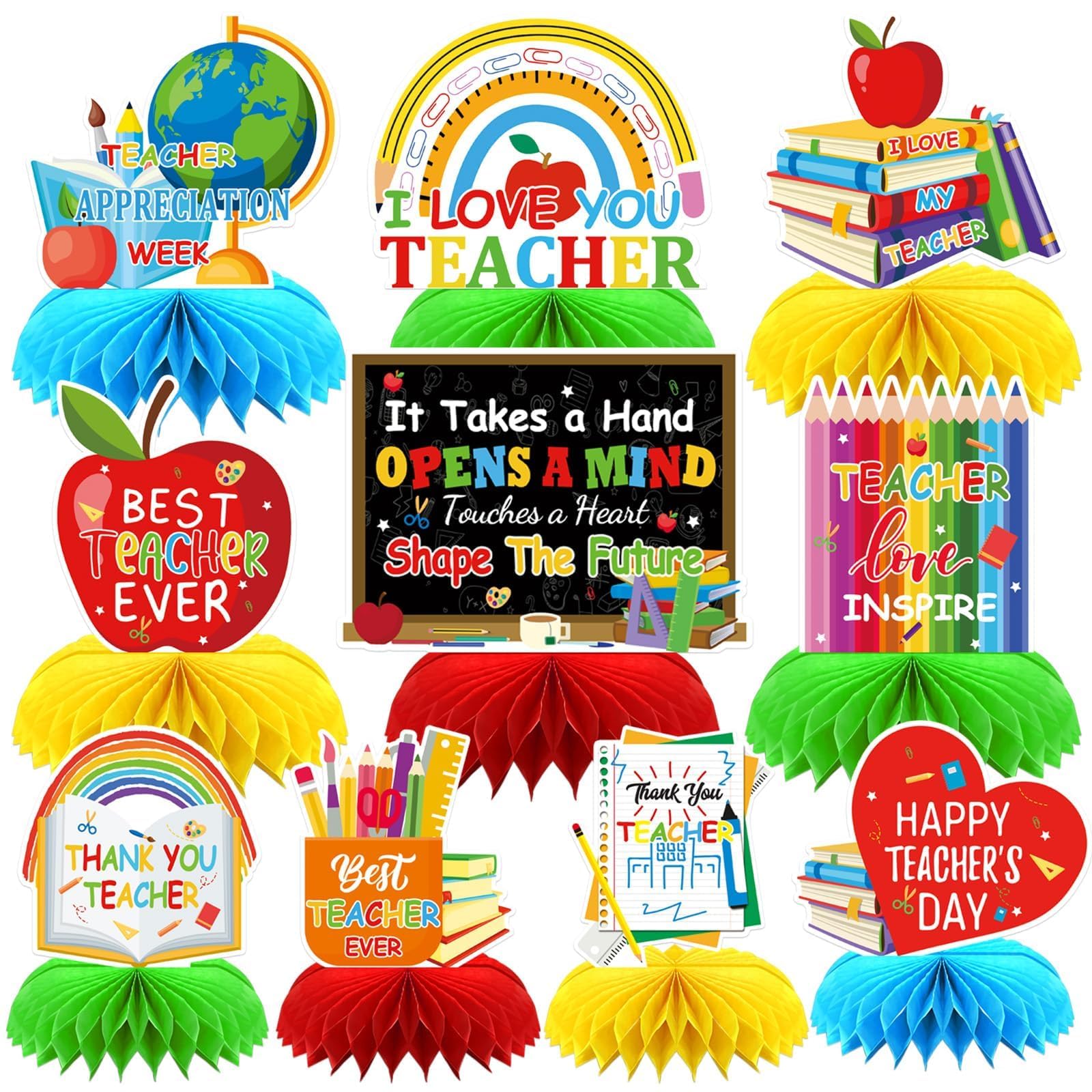 DTOFOOT 10 Pcs Teacher Appreciation Week Table Honeycomb Centerpieces Decorations, Thank You Teacher Table Centerpieces Table To