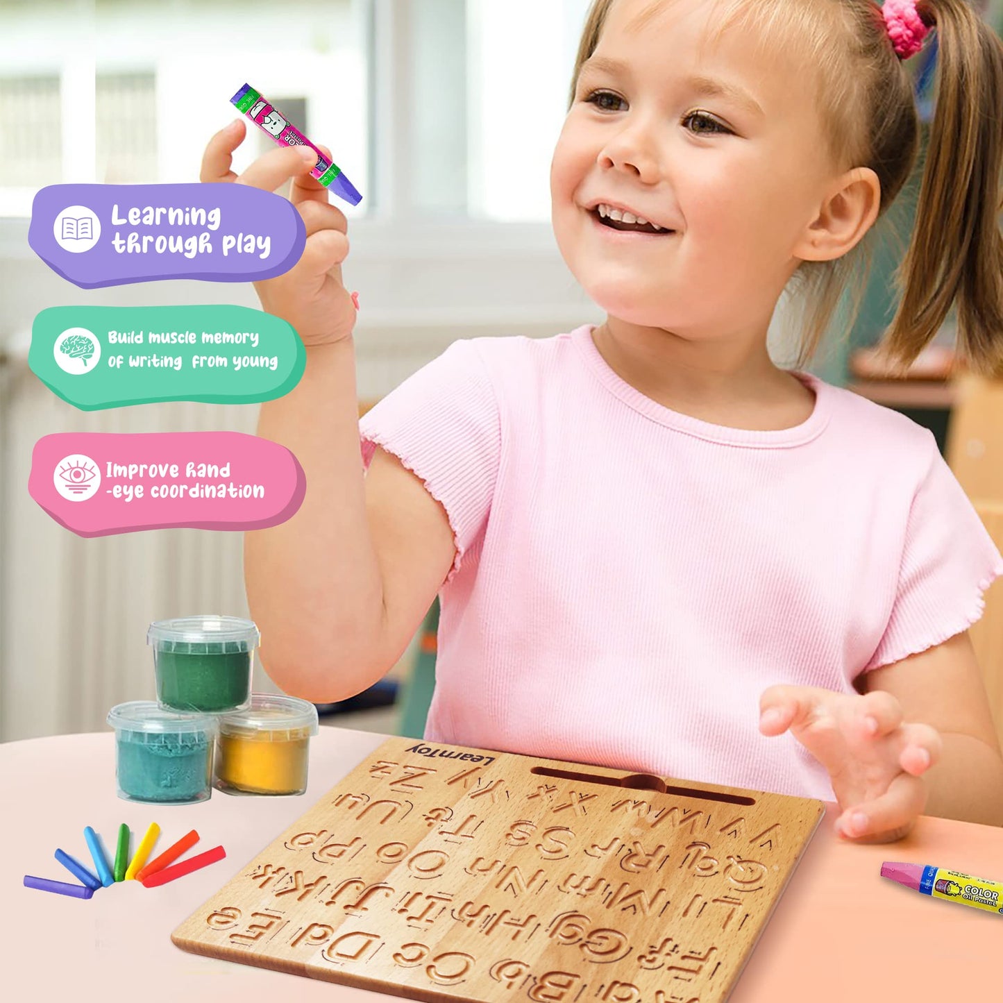 Learntoy Montessori Wooden Alphabet Tracing Board - Educational Toy For Kids - Fine Motor Skills Development - Double-Sided Writing Practice - Ideal Gift For Preschool 3-5 Years Old.