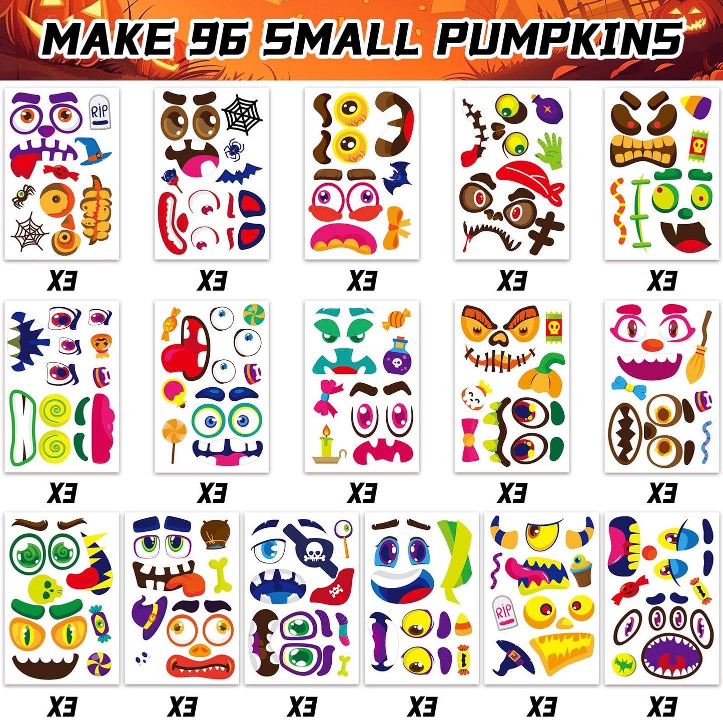 DECYOOL 96 Pieces Halloween Pumpkin Decorating Stickers Mini Pumpkin Face Stickers Make Your Own Small Pumpkin Stickers for Hall