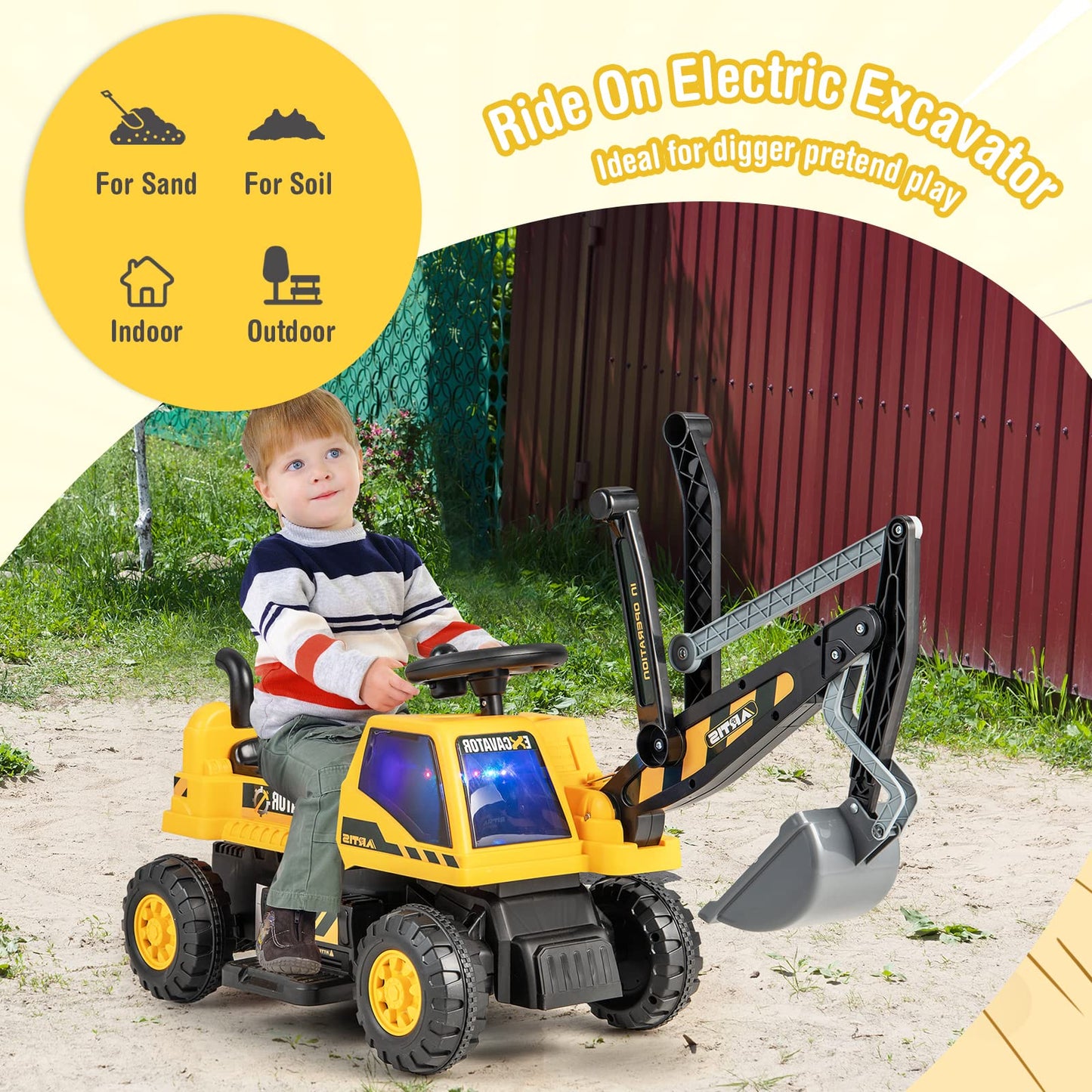 Honey Joy Ride On Excavator, 6V Battery Powered Ride On Construction Vehicles For Kids, Under Seat Storage, Music, Rotatable Sea