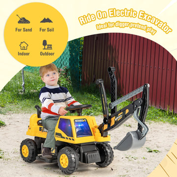 Honey Joy Ride On Excavator, 6V Battery Powered Ride On Construction Vehicles For Kids, Under Seat Storage, Music, Rotatable Sea