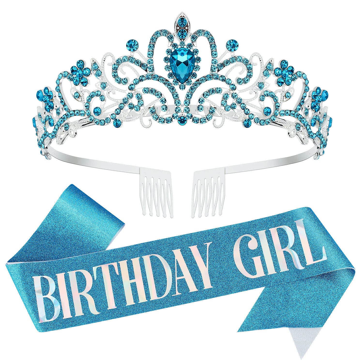Birthday Tiara For Women, Blue Birthday Crowns, Birthday Girl Crown, Birthday Girl Sash And Tiara With Rhinestone, Birthday Quee