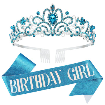 Birthday Tiara For Women, Blue Birthday Crowns, Birthday Girl Crown, Birthday Girl Sash And Tiara With Rhinestone, Birthday Quee