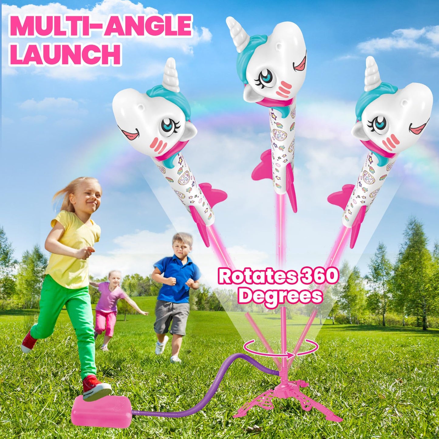Yotoy Unicorn Rocket Launcher For Kids - Fun Outdoor Toys Launch Of Up To 100 Ft, 3 Unicorn Rockets, Gifts For 3 4 5 6 7 Years O
