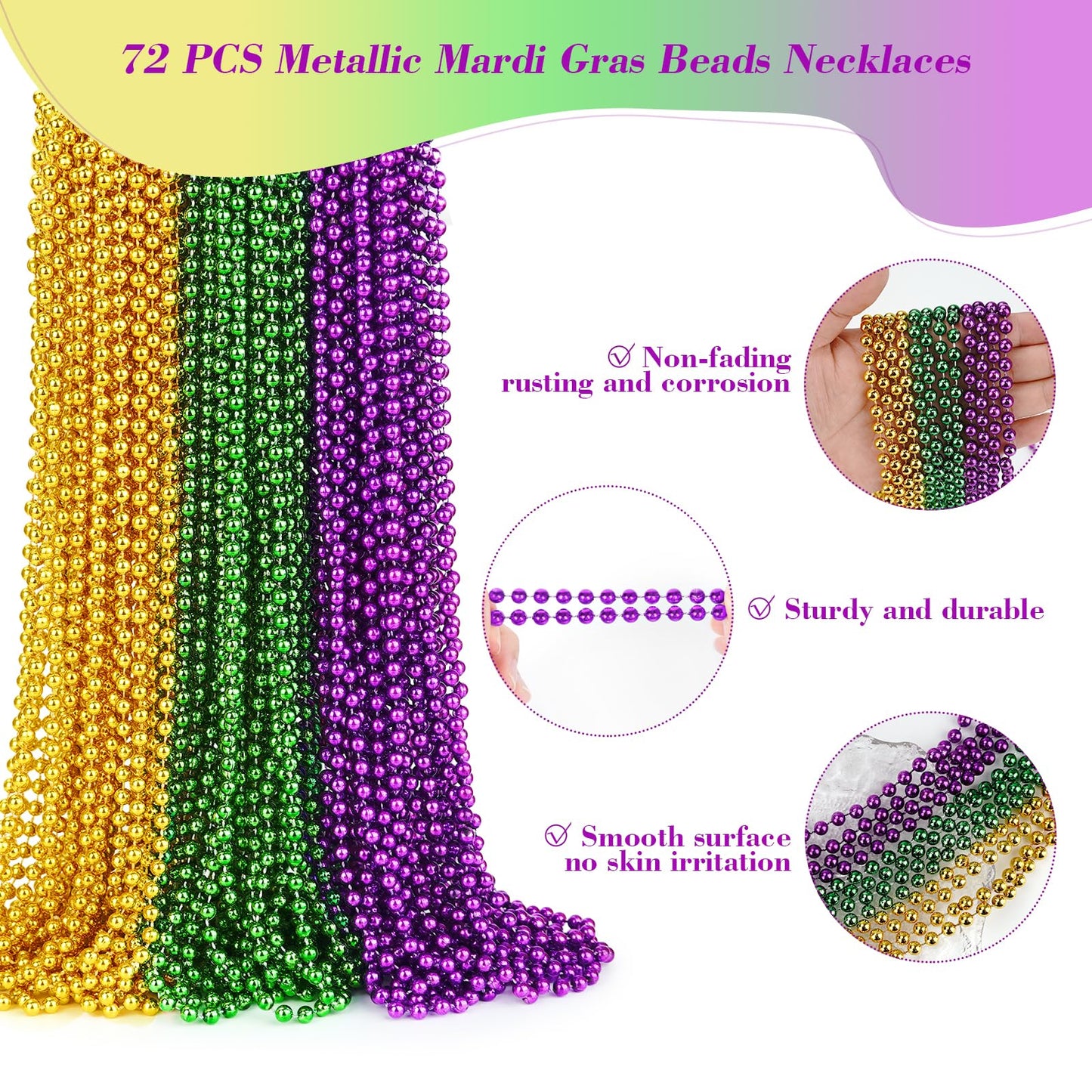 72 PCS Mardi Gras Beads Necklaces, Gold Green Purple Metallic Bead Necklaces 33    7 mm Mardi Gras Beads Necklaces Accessories B