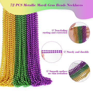 72 PCS Mardi Gras Beads Necklaces, Gold Green Purple Metallic Bead Necklaces 33    7 mm Mardi Gras Beads Necklaces Accessories B