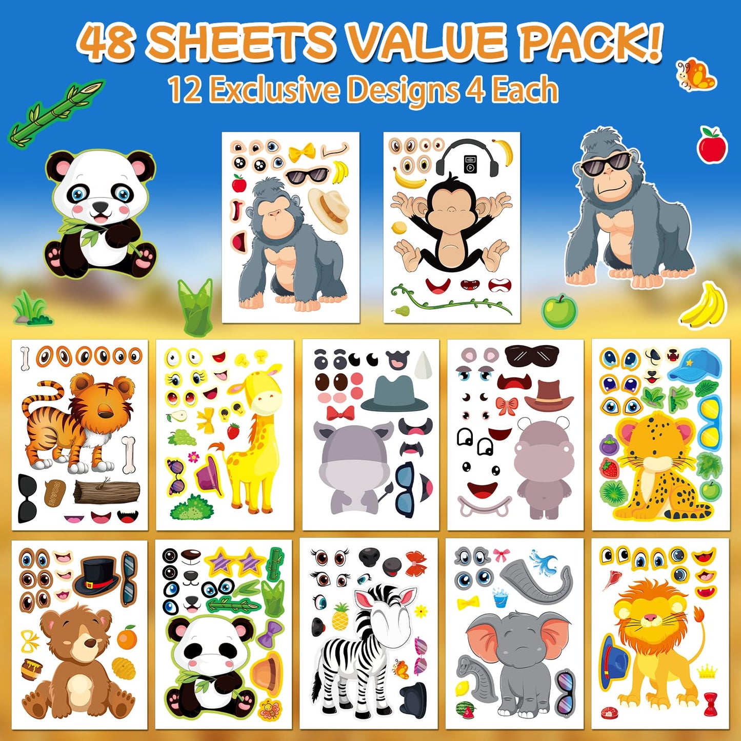 Aowplc 48 Make A Safari Animal Sticker Sheets - Jungle & Zoo Party Favors Supplies - Fun Craft Activities For Kids Ages 3+