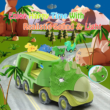 Veslier Dinosaur Transport Carrier Truck with 4 Pull Back Dino Cars, Assorted Colors, Ideal Christmas/Birthday Gift for Kids 18M+