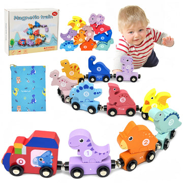 Toddler Boy Toys Age 1-3, Dinosaur Toy Wooden Magnetic Train Set With Playmat/Storage Bag For Baby Boy Birthday, Montessori Educ